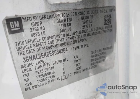 2014 Chevrolet Captiva Sport Lt z USA, uszkodzony, nr VIN 3GNAL3EK5ES634354